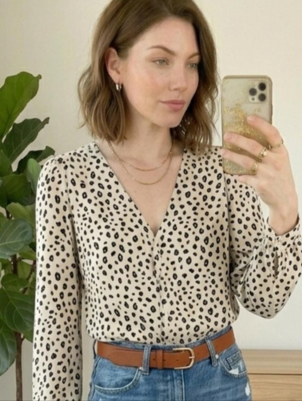 LUSH Warren Split Neck Blouse Leopard Print Large